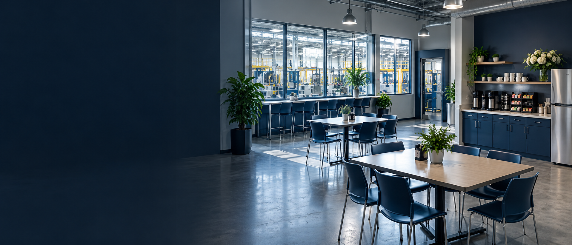 A pristine factory employee break room with tables, plants, flowers, and a coffee station