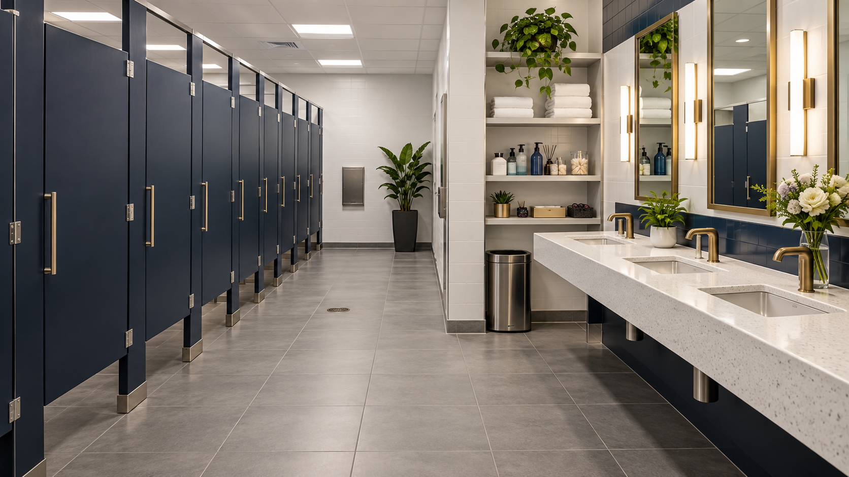 A pristine industrial workplace restroom with seven stalls, three sinks, plants, flowers, and personal-care items